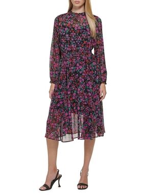 CALVIN KLEIN Black Floral Midi Dress with Red, Pink & Green Flowers